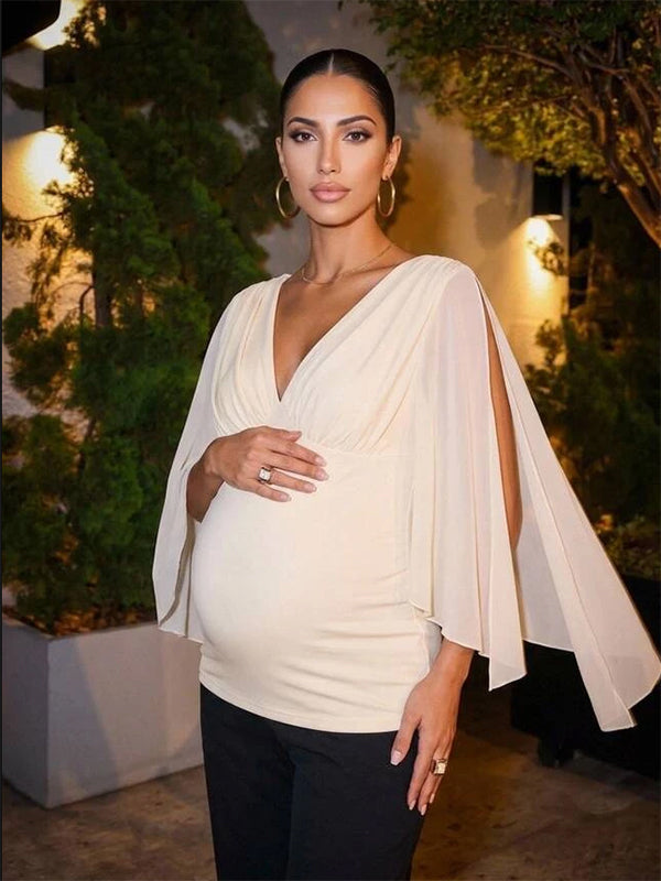 White Ruched Maternity Top with Slit Bell Sleeves and Bodycon Stretch Fit