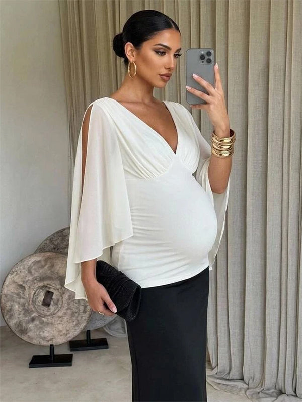 White Ruched Maternity Top with Slit Bell Sleeves and Flexible Bodycon Fit