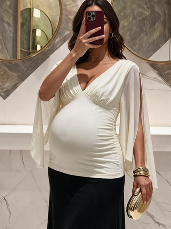 White Maternity Top with Ruched Detail, Slit Bell Sleeves and Stretch Fit