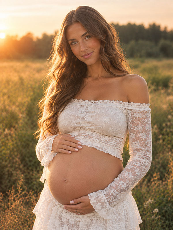 White Long Sleeve Lace Off-Shoulder Maternity Crop Top for Sunset Meadow Shoot