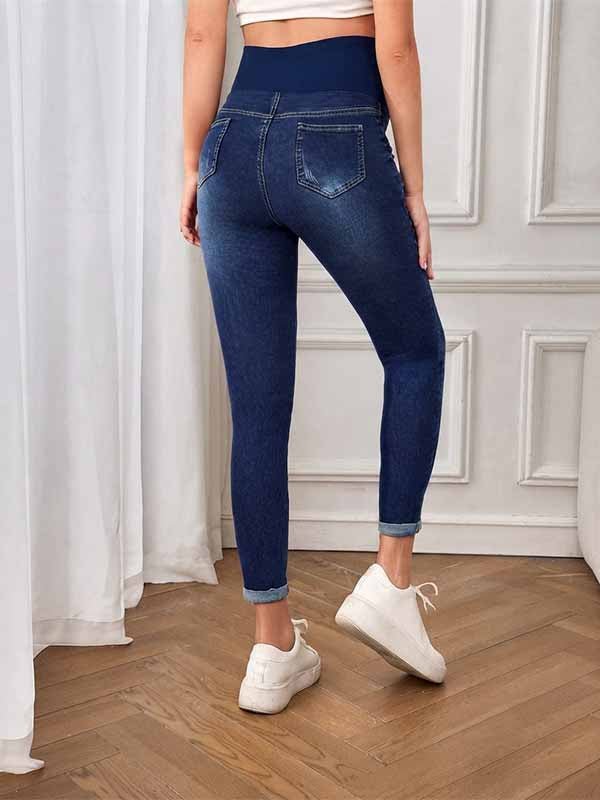 Momyknows Vintage Pockets Bodycon Stretchy Distressed Scratch Detailing Daily Maternity Leggings Jeans - Dark Blue - 2