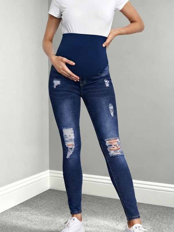 Momyknows Vintage Daily Dark Blue Pockets Bodycon Stretchy Ripped Maternity Leggings Jeans - Dark Blue - 2