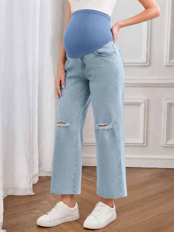Momyknows Vintage Daily Light Blue Pockets Ripped Straight-leg Maternity Jeans - Light Blue - 2