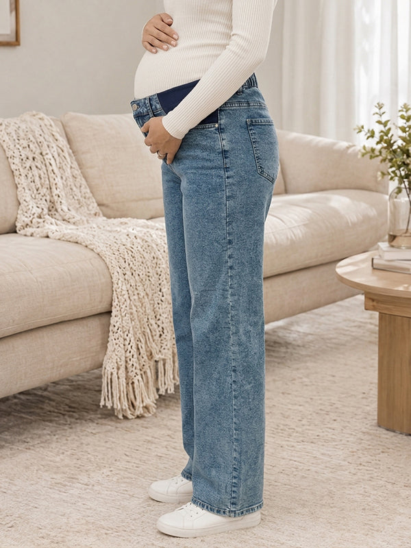Blue Pockets Straight Leg Maternity Jeans with Elastic Waistband Durable Denim