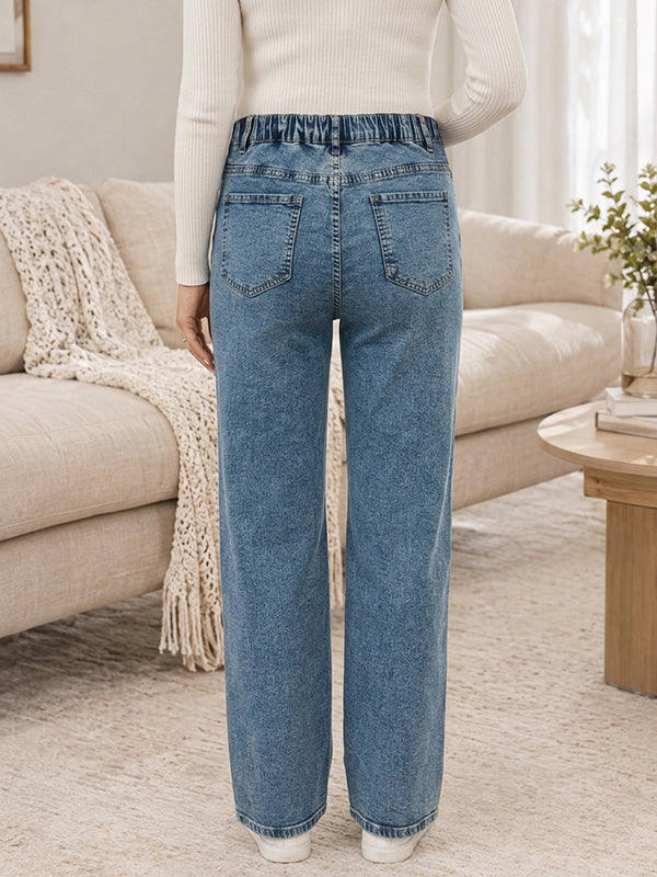 Blue Pockets Straight Leg Maternity Jeans with Elastic Waistband