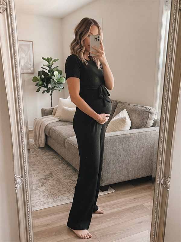 Momyknows Casual Black Belt Bowknot Stretchy Daily Maternity Jumpsuits - Black - 2