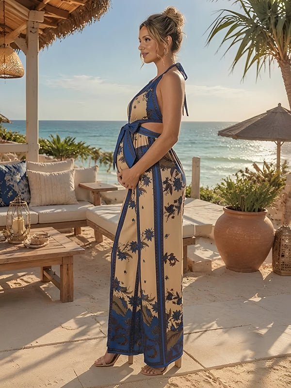 Momyknows Blue Chic Lace Up Side Slit Floral One Piece Maternity Jumpsuits - Blue - 2
