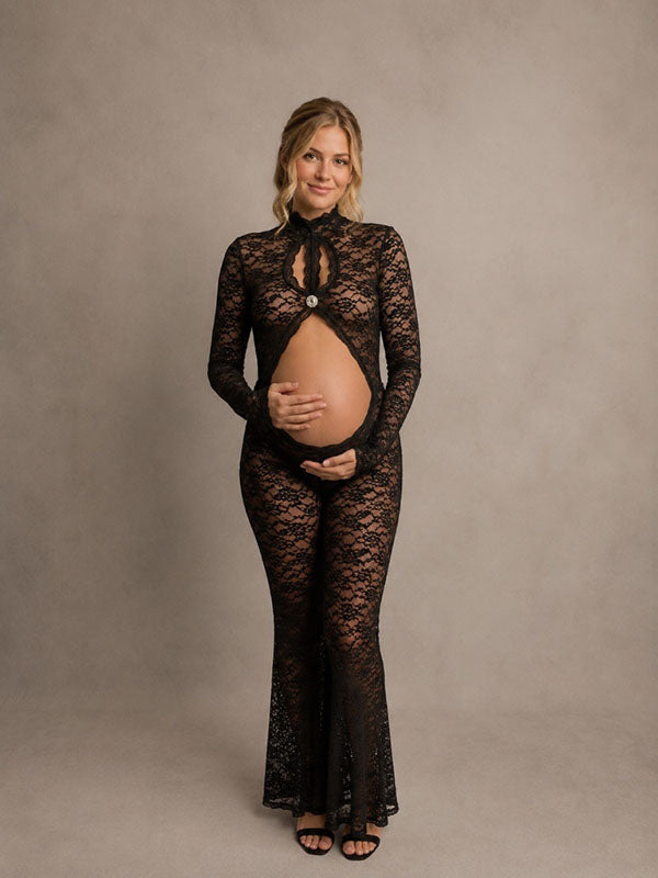 Black Lace Long Sleeve Maternity Jumpsuit with Open Belly and Flared Trousers Fitted Fit