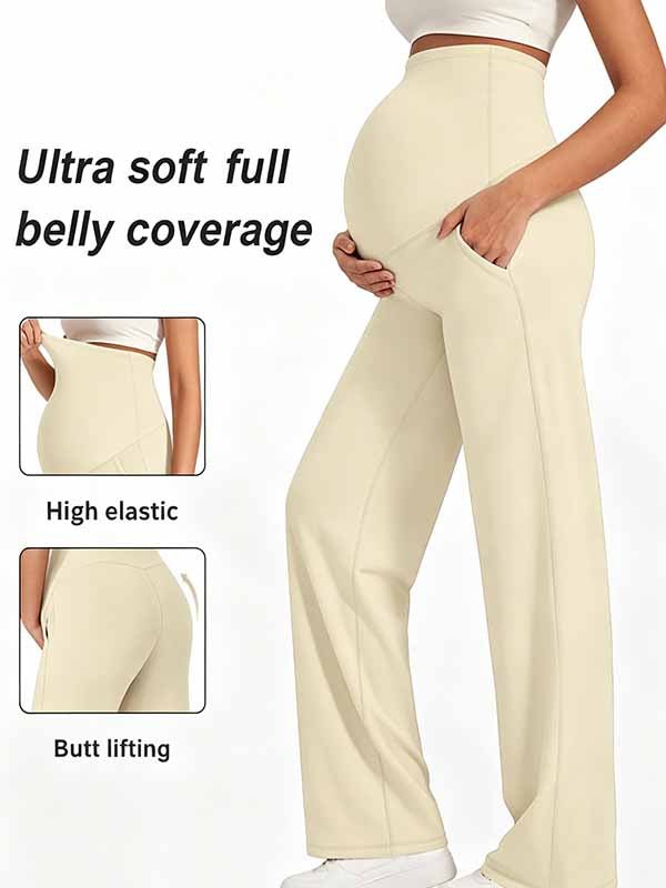 Momyknows Comfortable Pockets Patchwork Stretchy Daily Straight-leg Maternity Legging - Beige - 7