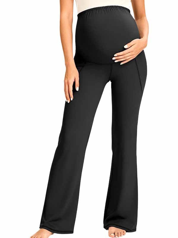 Momyknows Comfortable Pockets Patchwork Stretchy Casual Daily Bootcut Maternity Legging - Black - 4