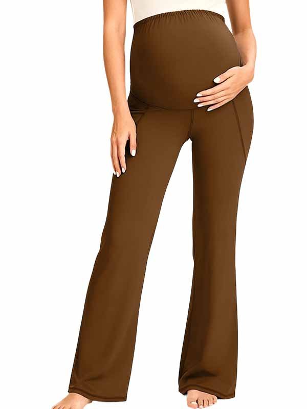Momyknows Comfortable Pockets Patchwork Stretchy Casual Daily Bootcut Maternity Legging - Coffee - 7