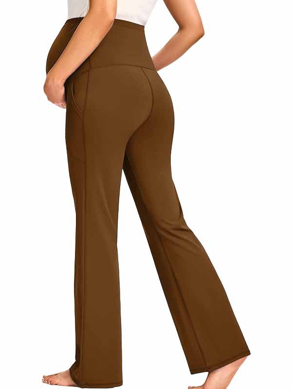 Momyknows Comfortable Pockets Patchwork Stretchy Casual Daily Bootcut Maternity Legging - Coffee - 8