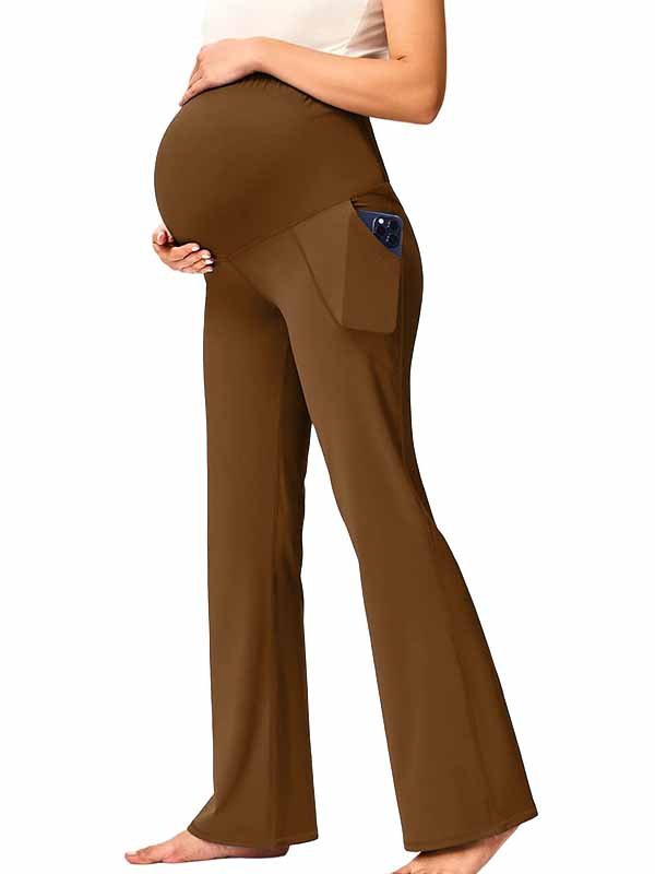 Momyknows Comfortable Pockets Patchwork Stretchy Casual Daily Bootcut Maternity Legging - Coffee - 9