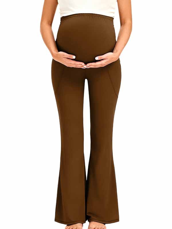 Momyknows Comfortable Pockets Patchwork Stretchy Casual Daily Bootcut Maternity Legging - Coffee - 10