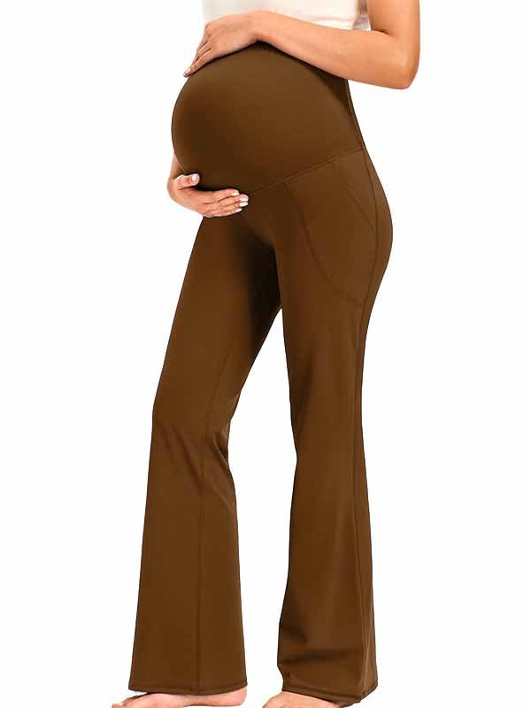 Momyknows Comfortable Pockets Patchwork Stretchy Casual Daily Bootcut Maternity Legging - Coffee - 11
