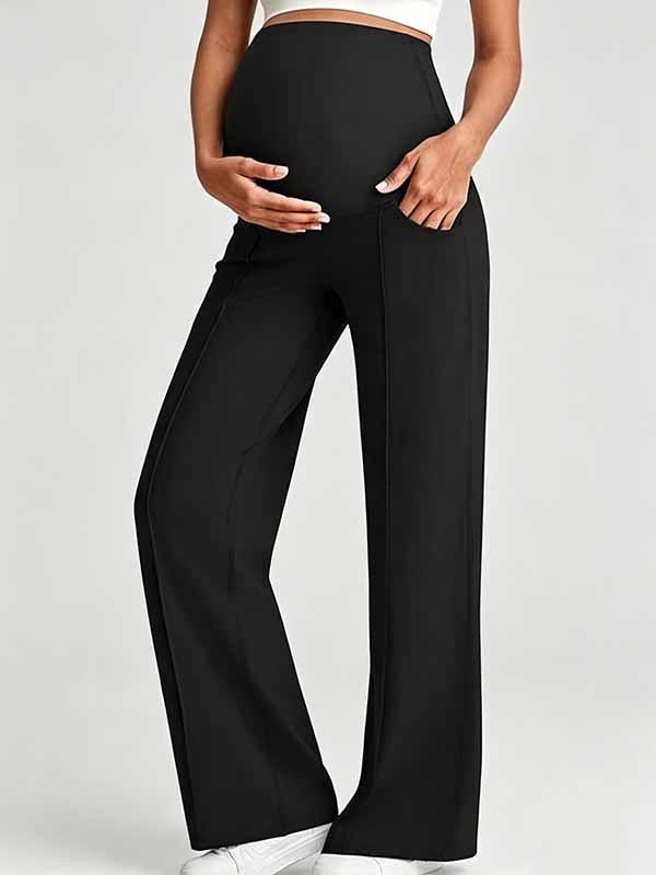 Momyknows Casual Front Leg Panel Seams Pockets Stretchy Daily Maternity Wide-leg Leggings - Black - 2