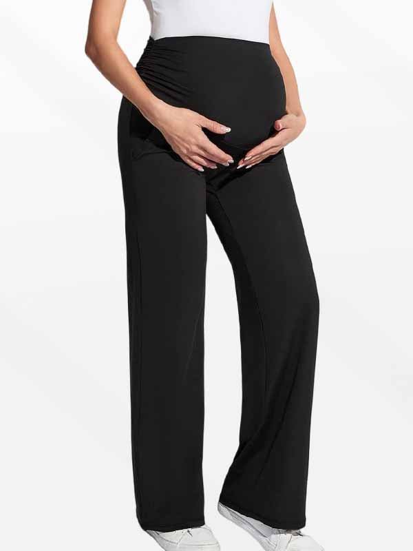 Momyknows Casual Black Ruched Shirring Pockets Stretchy Daily Maternity Wide-leg Leggings - Black - 2
