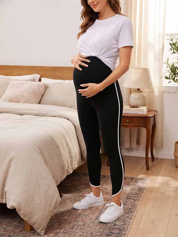 Momyknows Black Casual Striped Patchwork Color Blocking Bodycon Stretchy Irregular Outdoors Daily Maternity Leggings - Black - 2
