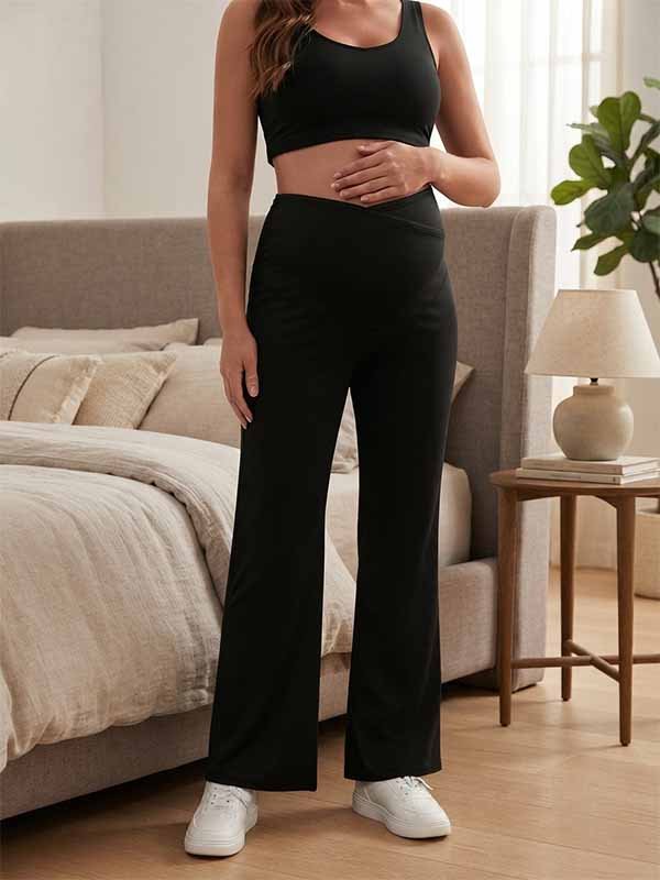 Momyknows Black Comfortable Cross Over Waistband Stretchy Daily Straight-leg Maternity Leggings - Black - 2