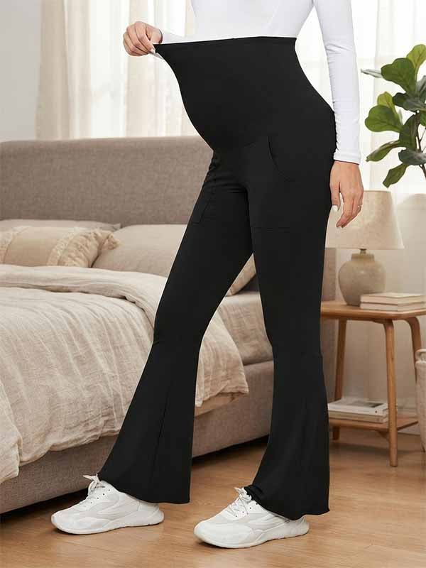Momyknows Black Casual Comfortable Bodycon Stretchy Pockets Daily Maternity Flared Leggings - Black - 2