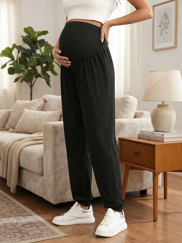 Momyknows Casual Black Elastic Band Adjustable Sports Maternity Harem-Style Tapered Pants - Black - 2