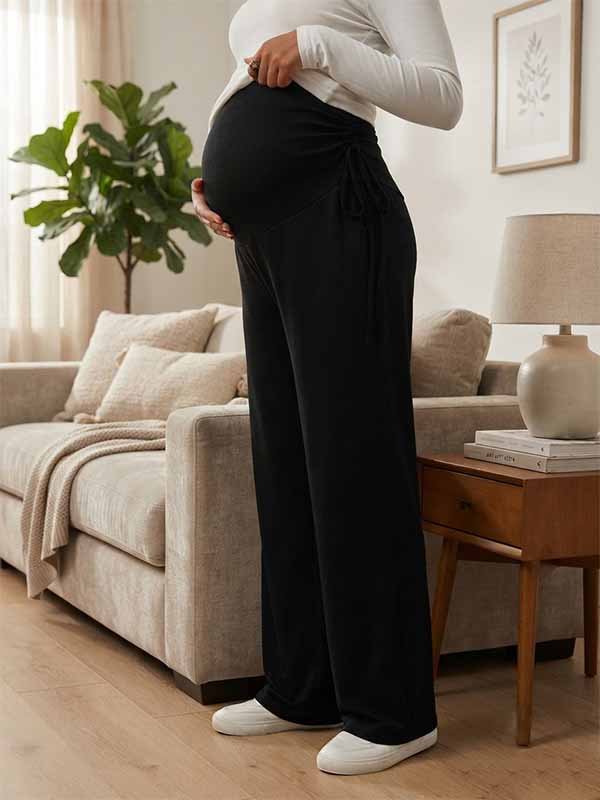 Momyknows Black Comfortable Casual Drawstring Adjustable Daily Straight-leg Maternity Leggings - Black - 2