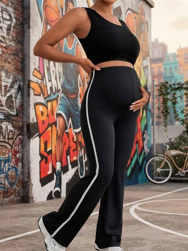 Momyknows Casual Black Striped Patchwork Color Blocking Sports Maternity Flared Leggings - Black - 2