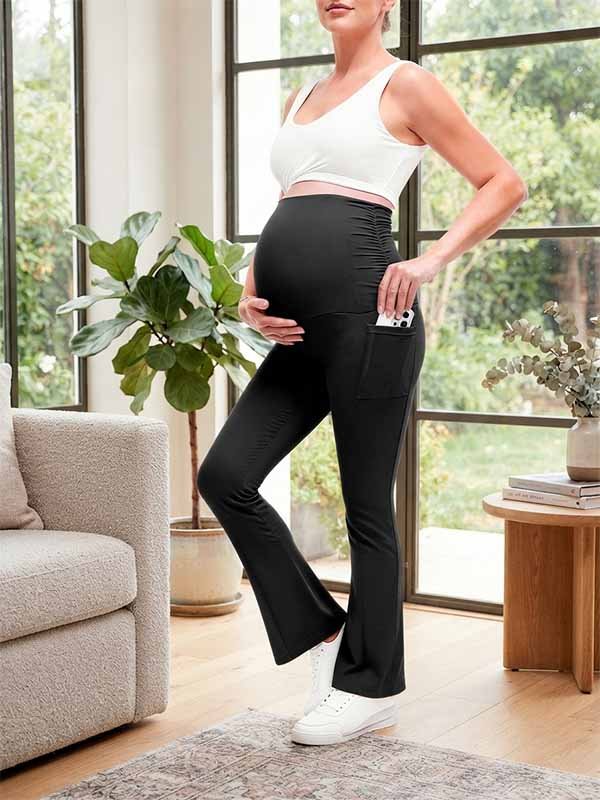 Momyknows Casual Ruched Shirring Pockets Stretchy Daily Maternity Flared Leggings - Black - 2