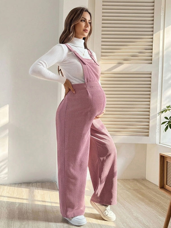 Pink Corduroy Maternity Overalls with Stretch Waistband Fitted Bodycon Silhouette