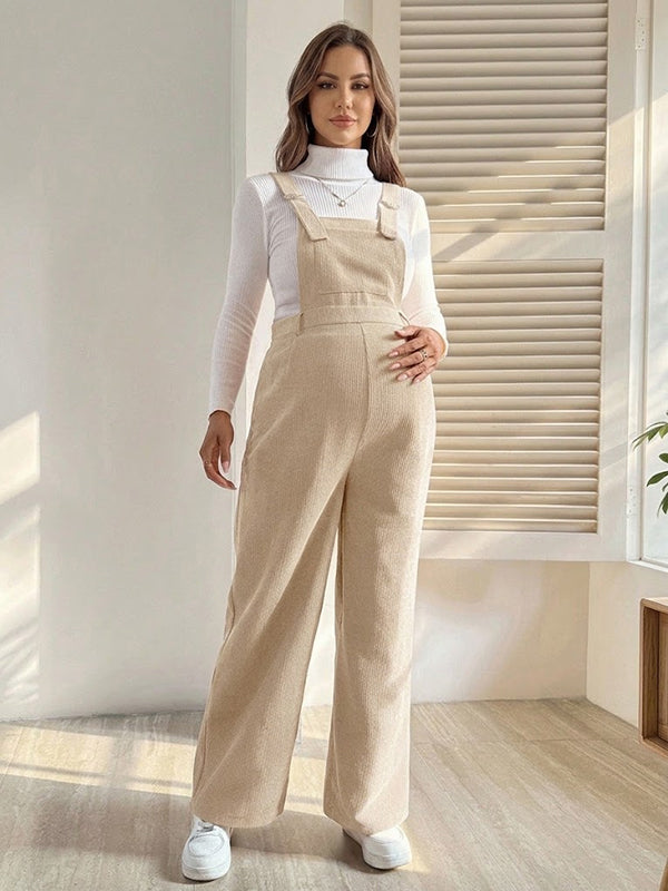 Apricot Corduroy Maternity Jumpsuit with Elastic Waist and Fitted Bodycon Cut, Daily Casual Outfits