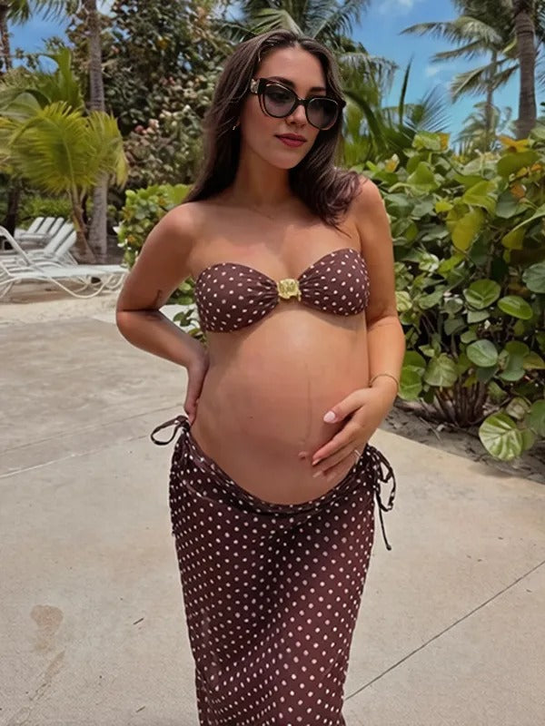 Momyknows Chic Brown Bikini Bandeau Studded Three Piece Maternity Swimwear