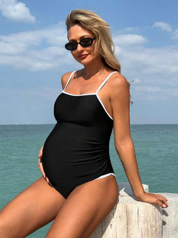 Momyknows Chic One-Pieces Spaghetti Strap Bodycon Color Blocking Outline Maternity Swimwear