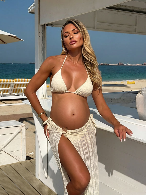 Momyknows Chic Bikini Three Piece Lace Side Slit Lace Up Maternity Swimwear