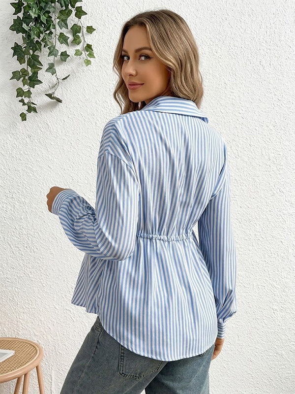 Blue Striped Maternity Top with Lace-Up V-Neck Loose Silhouette