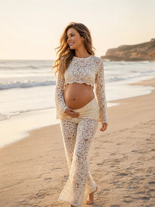 Momyknows Apricot Chic Lace Backless 2-in-1 Maternity Top Pant - Apricot - 1