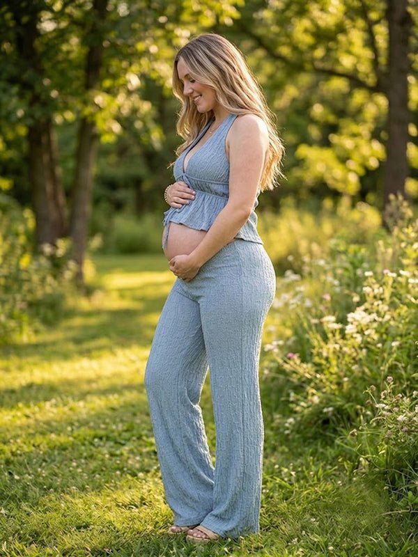 Momyknows Chic Lace Up Halter Neck 2-in-1 Maternity Tank Top Wide Leg Pant - Blue - 2