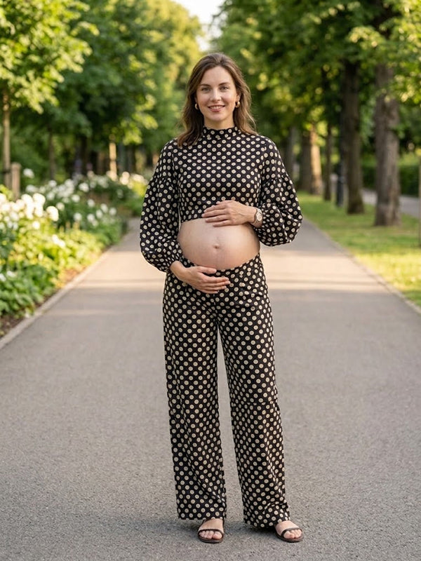 Black Polka Dot Maternity Short Top and Wide-Leg Pants Set with Lantern Sleeves and Relaxed Fit, Daily Wear