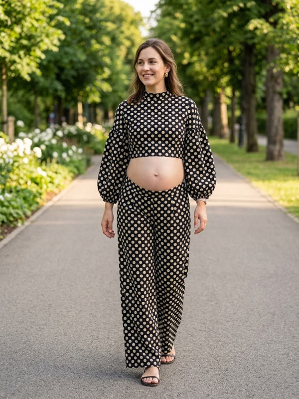Black Polka Dot Maternity Short Top and Wide-Leg Pants Set with Lantern Sleeves Relaxed Fit