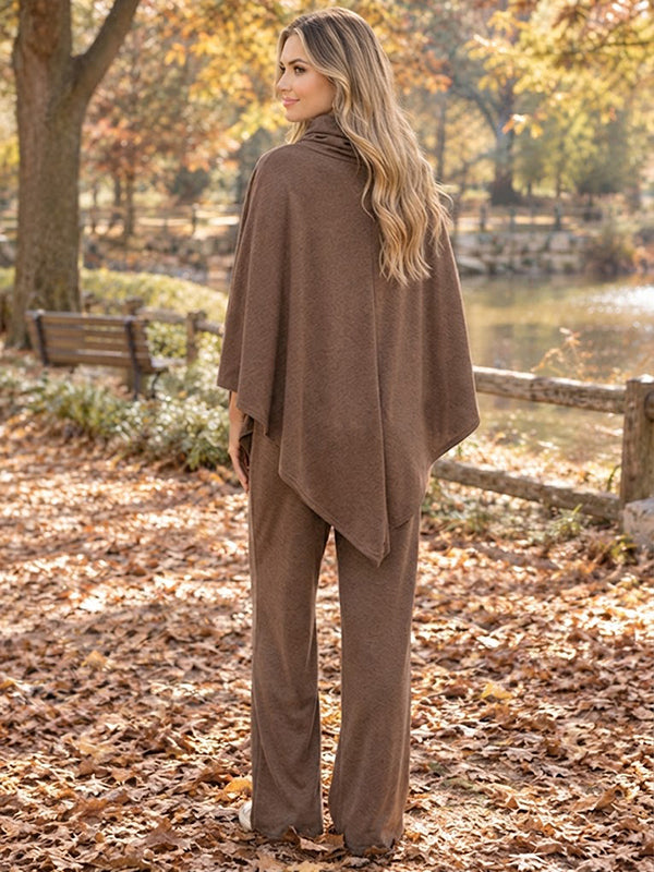 Coffee Maternity Cape Top and Wide-Leg Pants Set with Elegant Drape
