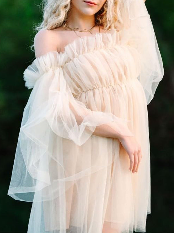Momyknows Apricot Cascading Ruffle Off Shoulder Tulle Pricess Mesh Cottagecore Cream Photoshoot Mini Dress