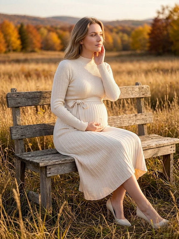 White Crochet Maternity Sweater Midi Dress with Pleated Belt Loose Fit