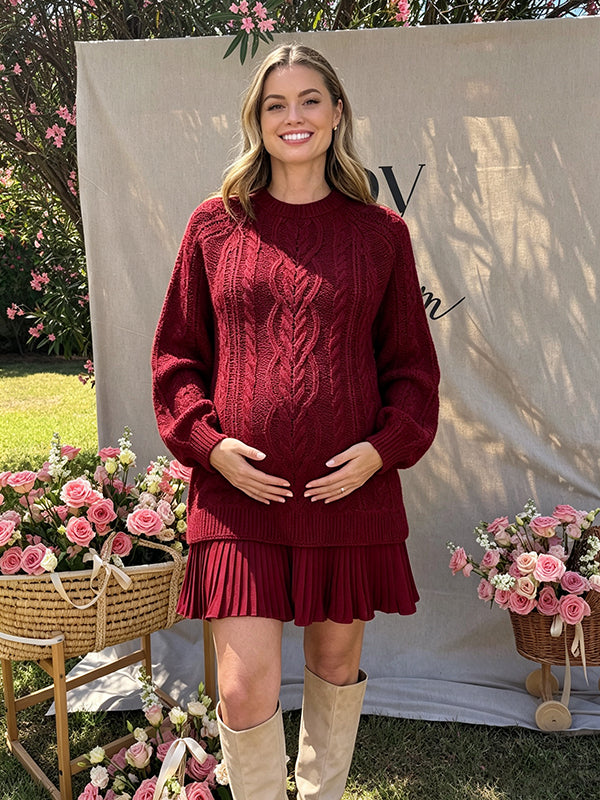 Wine Red Crochet Cable Knit Patchwork Pleated Maternity Sweater Mini Dress with Crochet Cable Knit Patchwork & Pleated Details and Cozy Mini Dress Fit, Daily Casual Wear