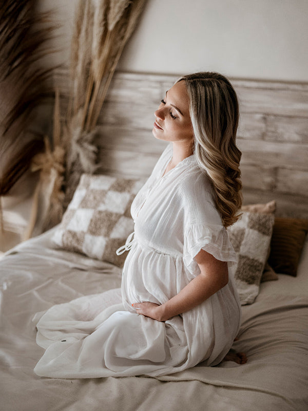 Momyknows White Deep V Neck Button Down Boho Beach Bikini Cover Up Dress Party Photoshoot Maternity Dress