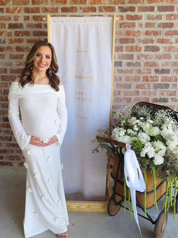 Momyknows White Off Shoulder 3D Flowers Knitting Sweater Baby Shower Maternity Maxi Dress