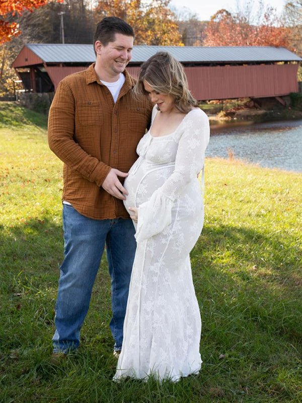 Momyknows White Lace Corset Square Neck Flare Sleeve Plus Size Maternity Photoshoot Maxi Dress, White / XXXL