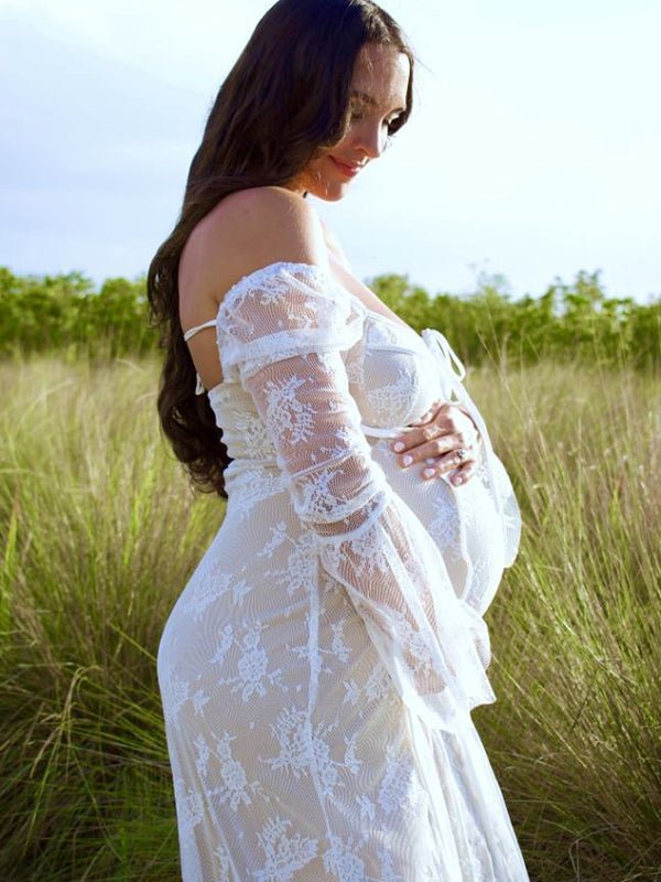 Momyknows White Lace Corset Square Neck Flare Sleeve Plus Size Maternity Photoshoot Maxi Dress, White / XXXL