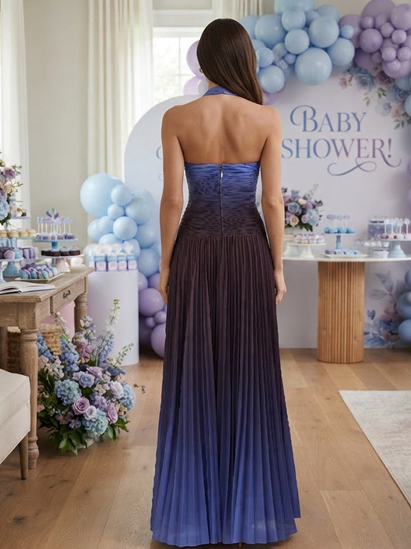 Blue Maternity Maxi Dress with Ruched Detail and Elegant Gradient Color