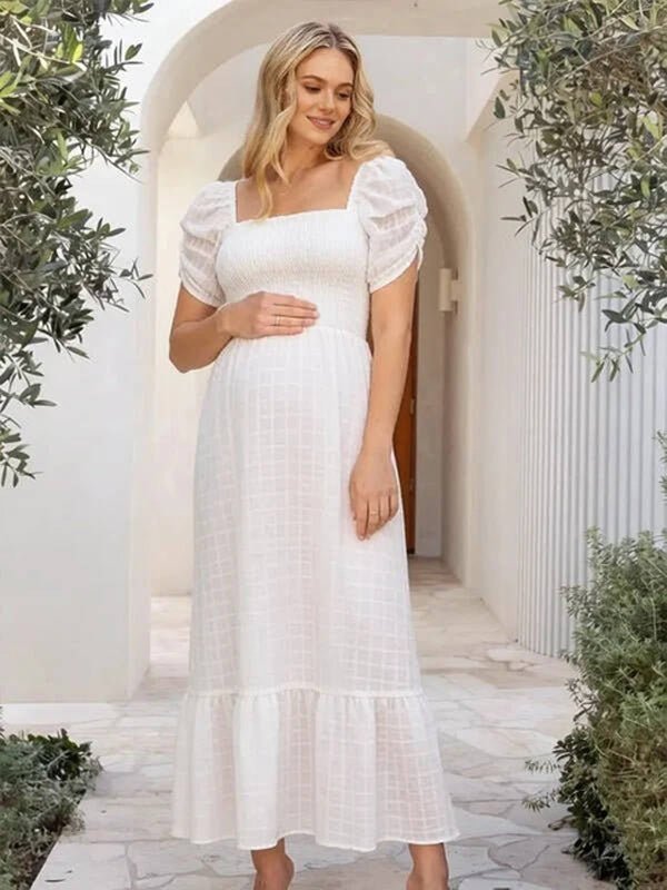 Momyknows White Square Neck Flannel Puff Sleeve Daily Maternity Photoshoot Midi Dress - White - 2
