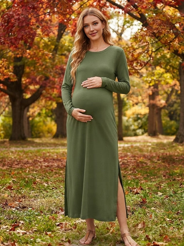 Green Daily Maternity Maxi Dress with Double Side Slits and Pockets and Relaxed Fit, Photoshoot Occasion