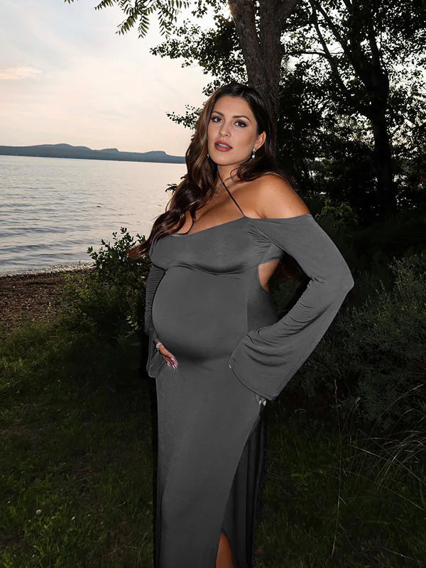 Momyknows Dark Grey Off Shoulder Cut Out Side Slit Backless Cami Flare Sleeve Chic Going Out Party Maternity Photoshoot Baby Shower Maxi Dress Grey / Momyknows Dark Grey Off Shoulder Cut Out Side Slit Backless Cami Flare Sleeve Chic Going Out Party Maternity Photoshoot Baby Shower Maxi Dress Grey /
